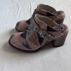 Patchwork Leather Mule Heels in Pink and Gray